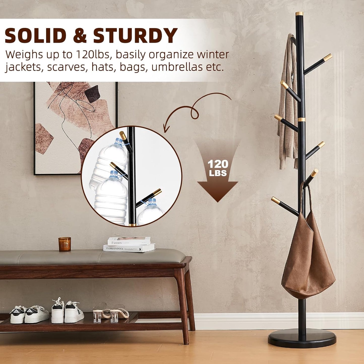 Uniclinens Coat Rack Freestanding Solid Wood Coat Tree Standing with 7 Hooks, Coat Rack Stand Creative Tree Branch-look (Black)