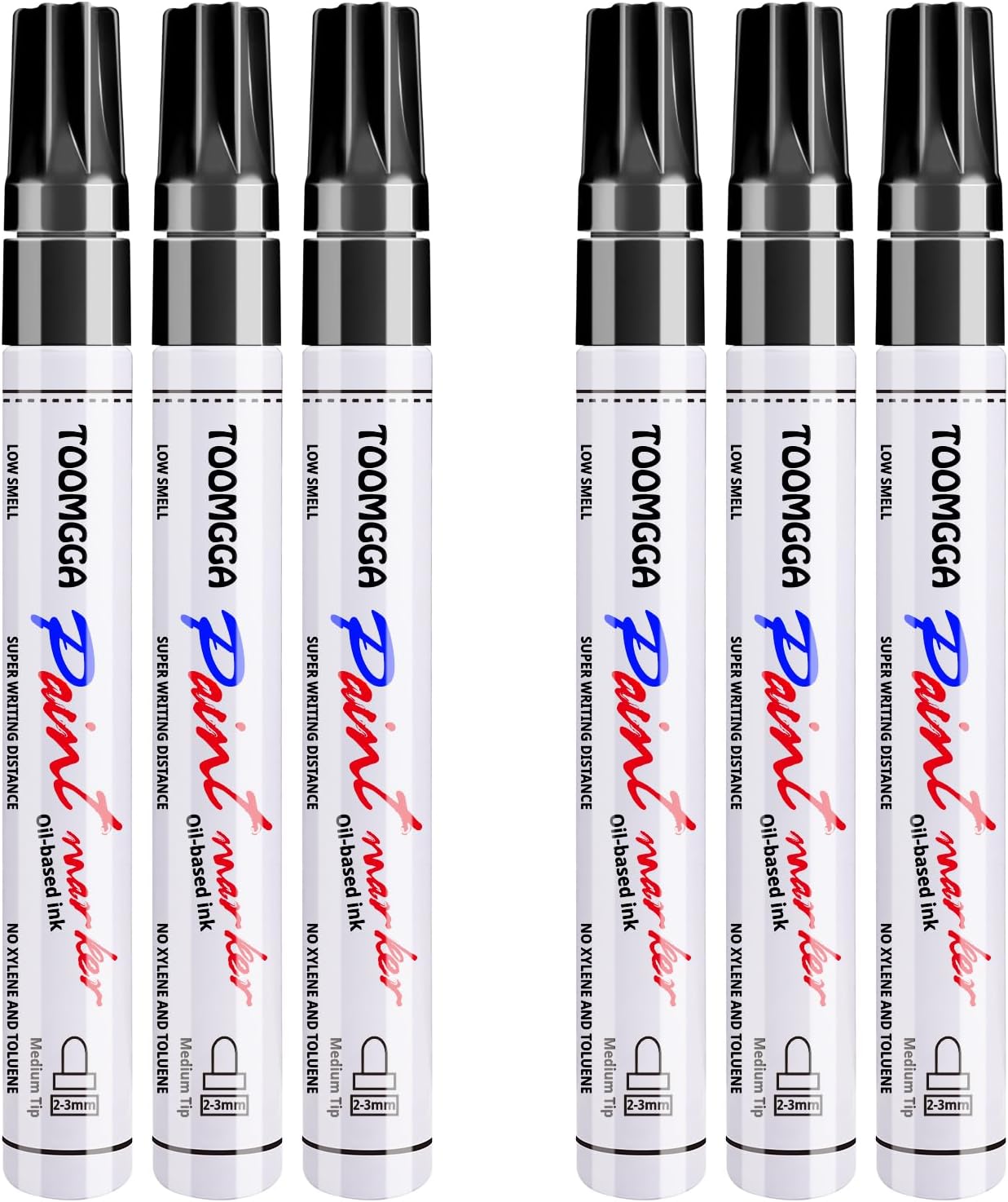 Black Paint Pens Permanent Paint Markers - 6 Pack Oil Based Marking Pens, Medium Point, Quick Drying and Waterproof Pens for Rock Painting Car Tyre Metal, Plastic, Canvas, Wood