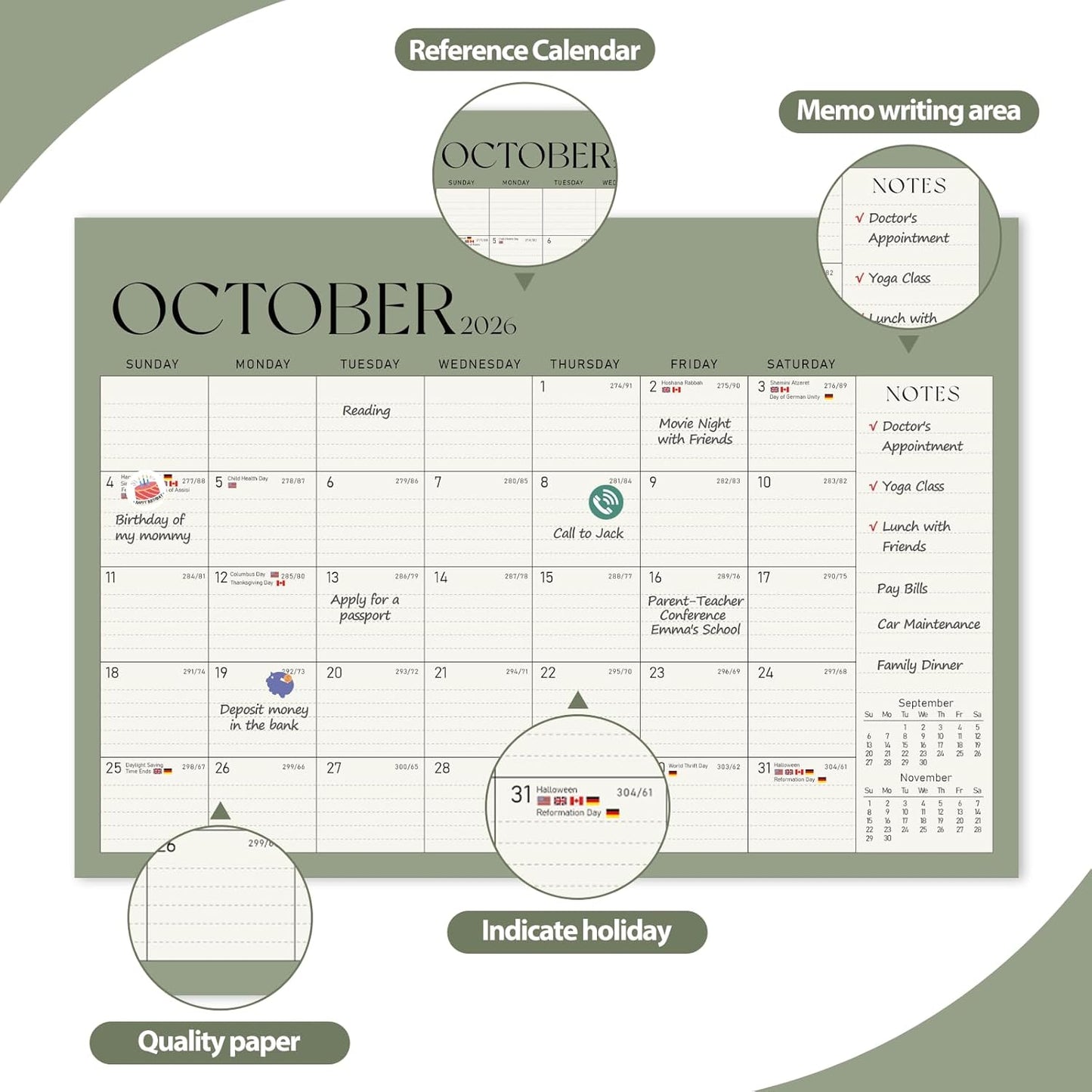 Calendar 2025-2026, Monthly Desktop Large Calendar (July 2025 - December 2026) Desk Wall Planner for Family Office Teacher School, 17" x 12" Green