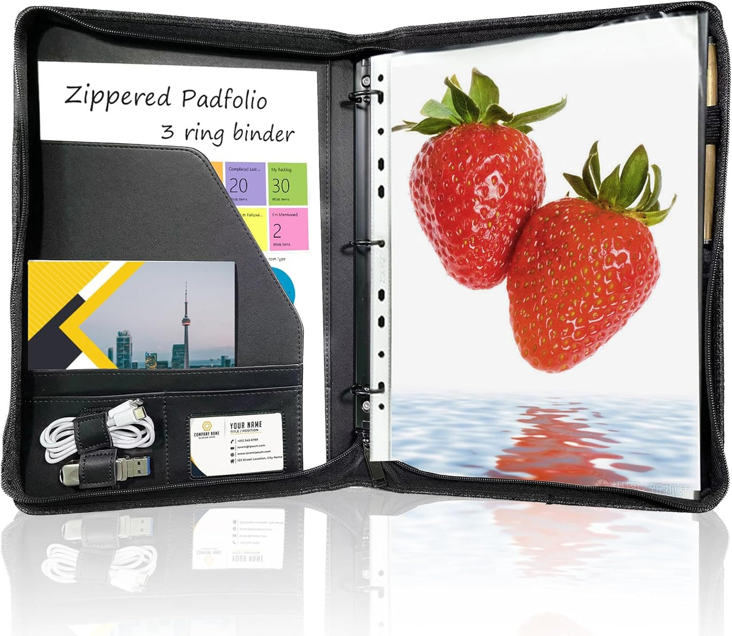 Yodo Zippered Portfolio 3-Ring Binder Business PU Leather Portfolio Interview Resume Legal Document Organizer Notepad Folder Padfolio for Men Women