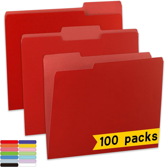 100 Packs Red File Folder,1/3-Cut Tabs,File Folders Letter Size,8.5x11 File Folders for Office,School and Home,Organizer Documents