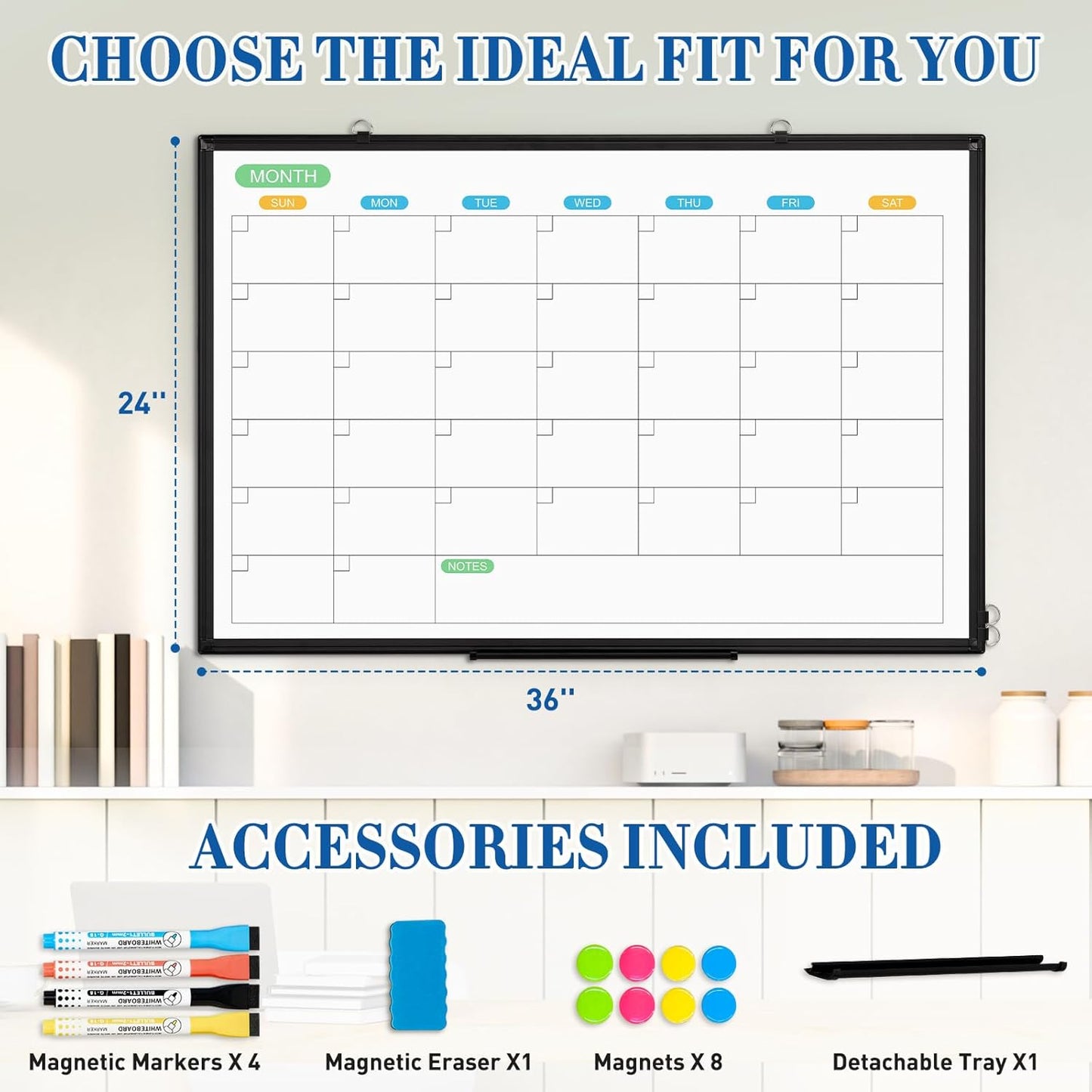 WALGLASS Dry Erase Calendar Whiteboard for Wall, 36" x 24" Double-Sided Monthly Calendar White Board with Black Aluminum Frame, Hanging or Wall Mount Whiteboard for Home, Office, School