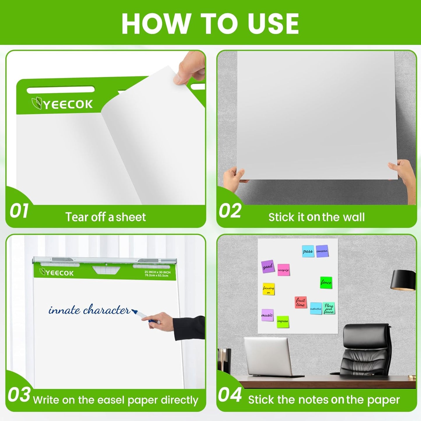Sticky Easel Pad 25 in x 30 in, 30 Sheets/Pad, 4 Pads/Pack, Sticky Flip Chart Paper for Teachers, Super Sticking Power & Bleed-Resistant