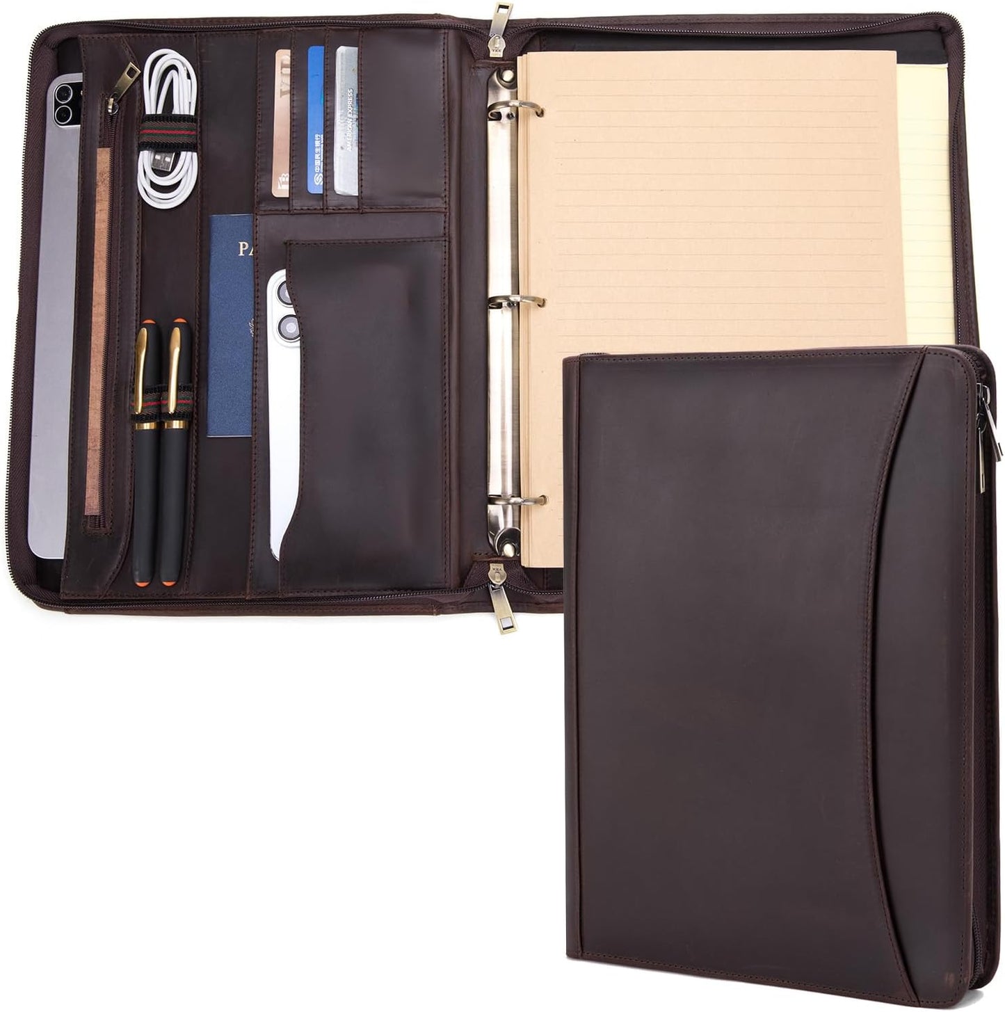 3 Ring Binder Genuine Leather Portfolio, Front Pocket, 8.5 x 11 Legal Pad Padfolio for Men and Women, Zip Notepad Laptop Organizer, Professional Business Executive Work Folio, Dark Brown