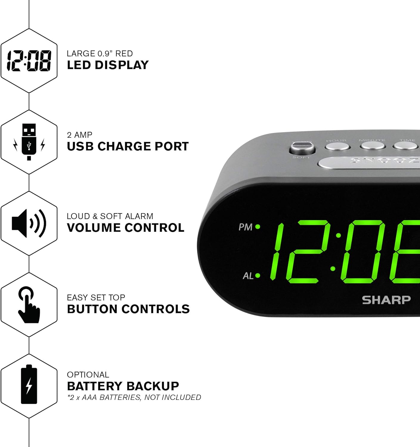 Sharp Digital Easy to Read Alarm Clock with 2 AMP High-Speed USB Charging Power Port - Charge Your Phone, Tablet with a high Speed Charge! Simple, Easy to Use Operation, Black – Green LEDs
