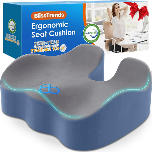 BlissTrends Seat Cushion,5.2in Thick Memory Foam Cushions for Office Chair, Car Seat, Airplane, Relieving Pressure Tailbone Sciatica Back Pain for Long Sitting Office Workers, Car Drivers Gery&Blue