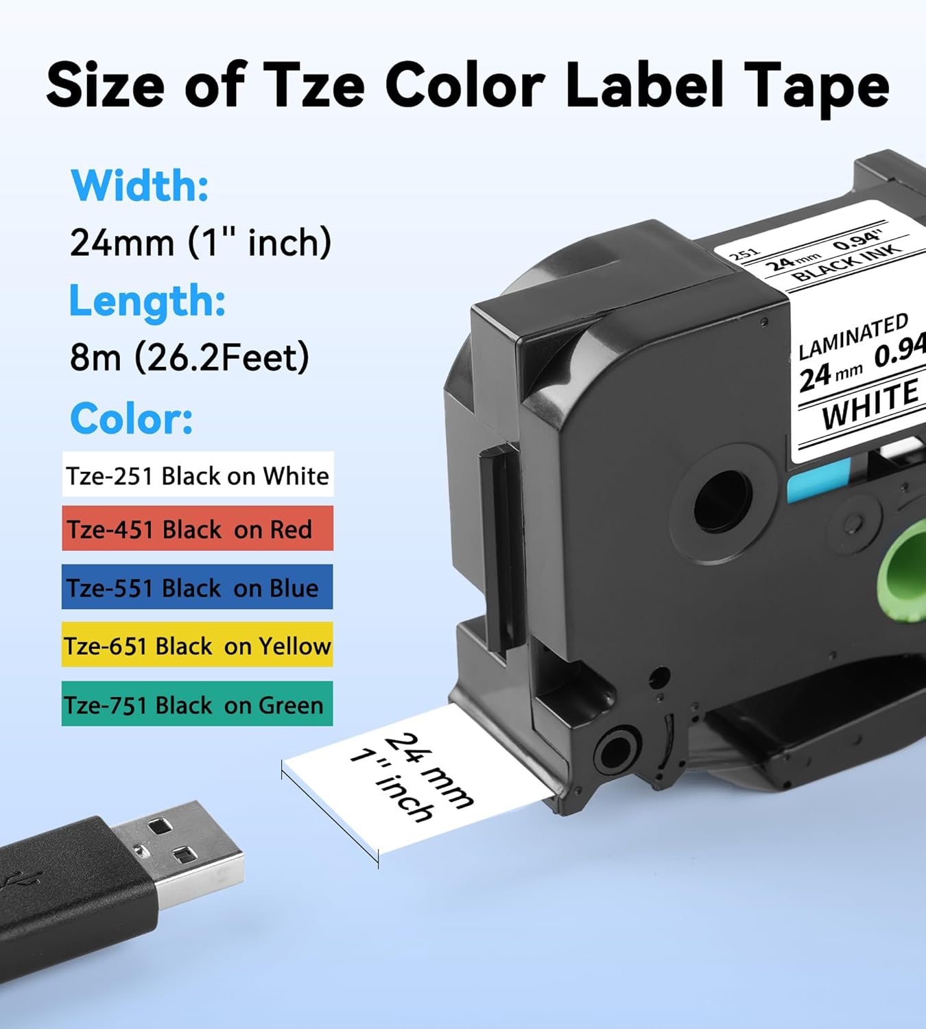 Compatible with P Touch TZe TZ 24mm 0.94'' Laminated Tape Compatible for Brother Label Maker Tape 1 inch PT-D600, PT-D610BT, PTP750W, PT-P710BT, Black on White/Yellow/Red/Green/Blue, 5-Pack