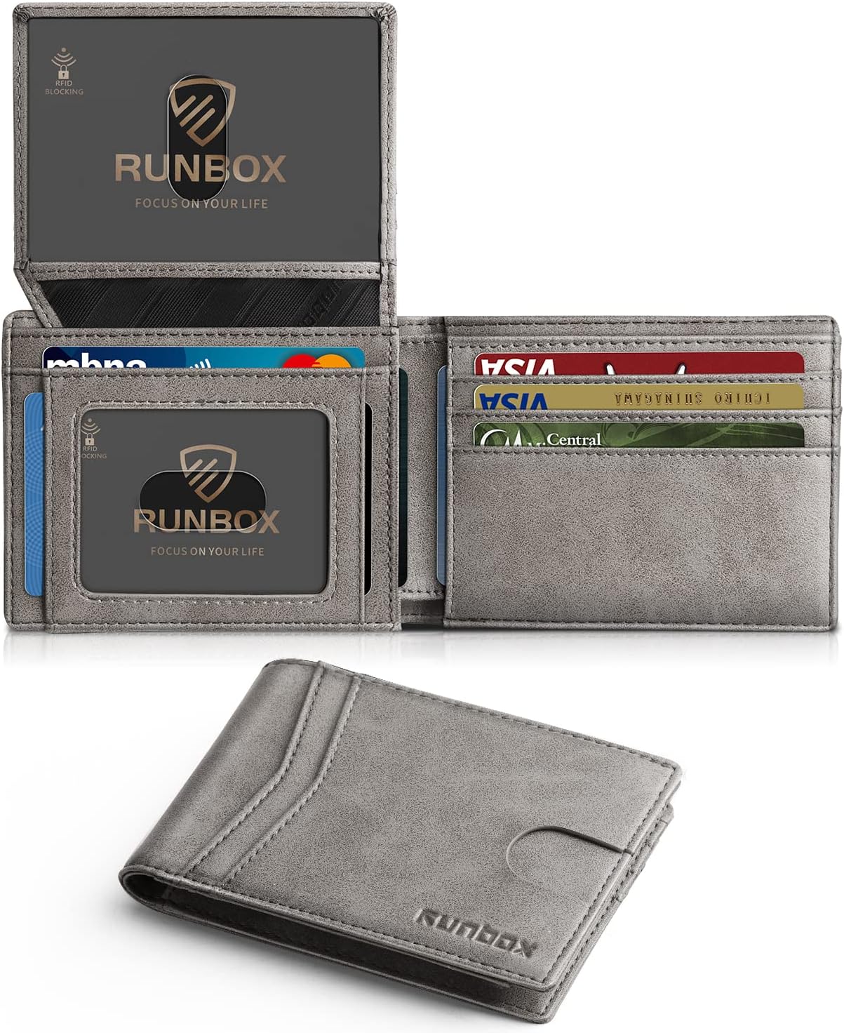 RUNBOX Wallet for Men Slim Rfid Leather 2 ID Window With Gift Box
