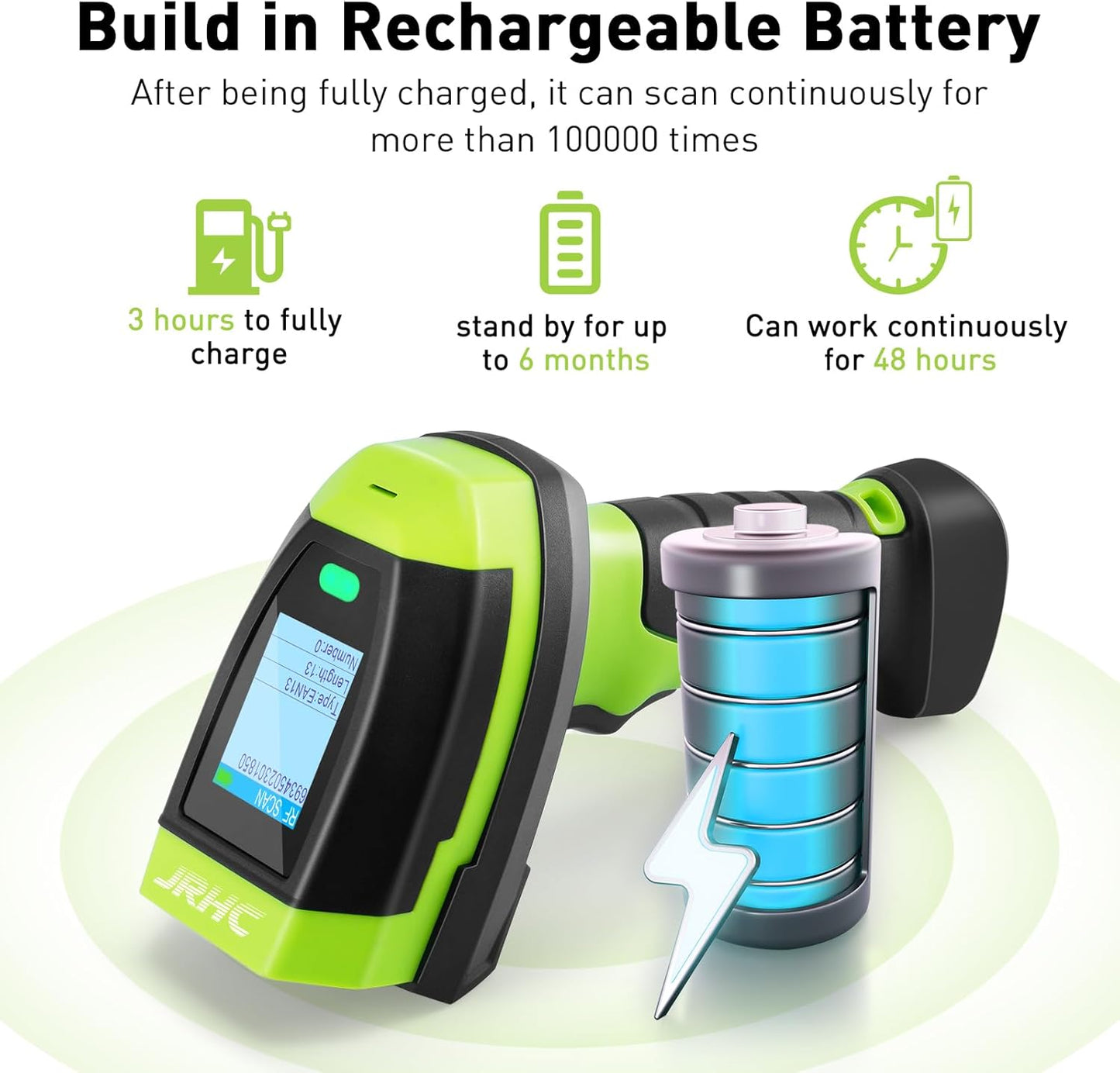 Barcode Scanner Wireless, 1D CCD Automatic Bar Code Scanner with Display Screen, Rechargeable Handhold Barcode Reader with 2.4G Receiver & USB Wired Plug and Play (Green)