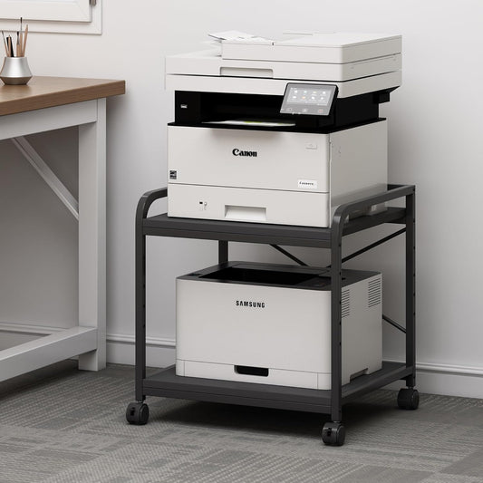 2 Tier Under Desk Printer Stand with Storage, 20 Inches Deep Large Printer Table with Height Adjustable Shelf, Rolling Printer Cart with Wheels for Home Office - Black