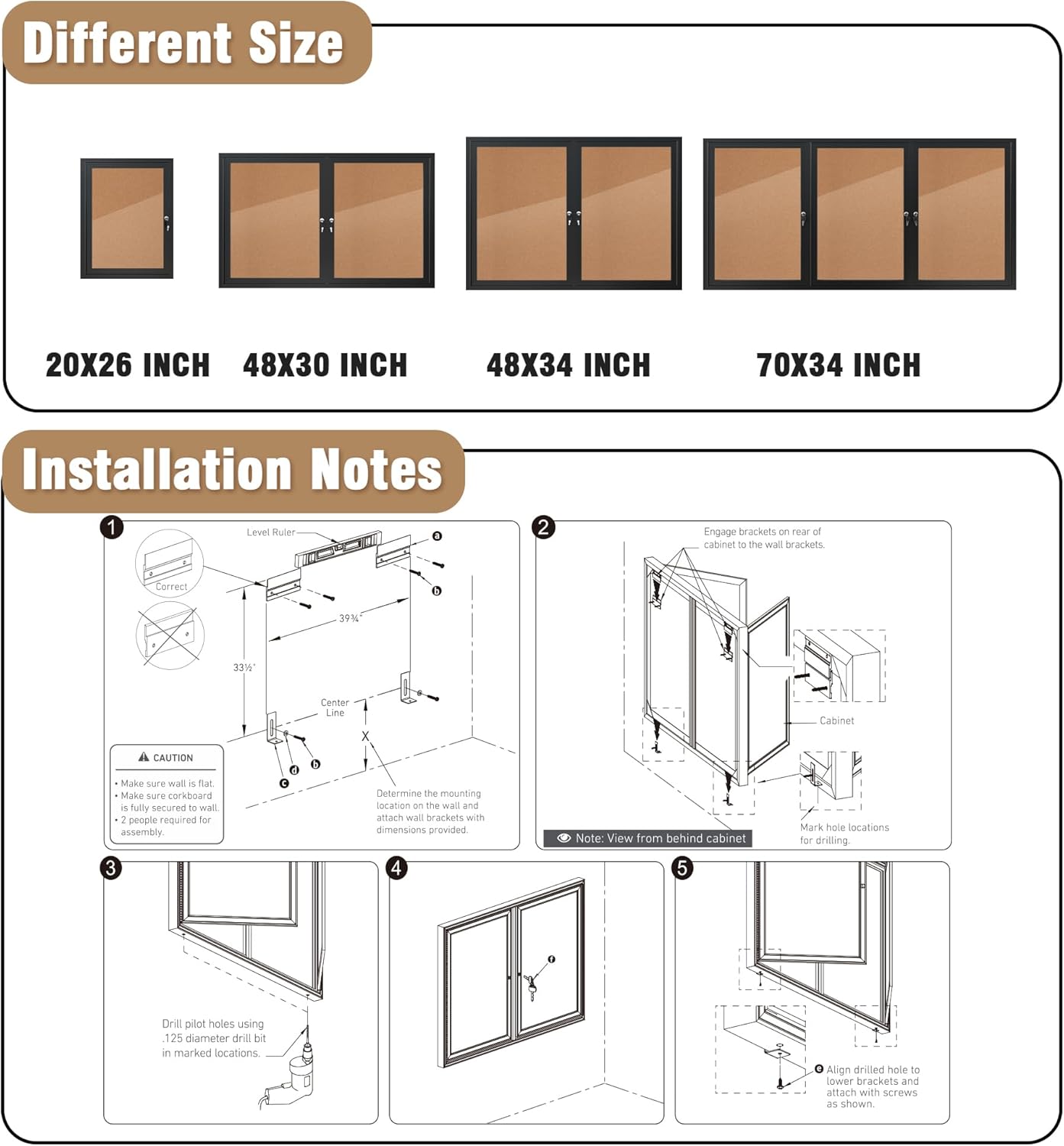 48"x34" Enclosed Bulletin Board, Outdoor Lockable Weather-Resistant Aluminum Cork Noticeboard for School & Office, Black Frame w/Cork