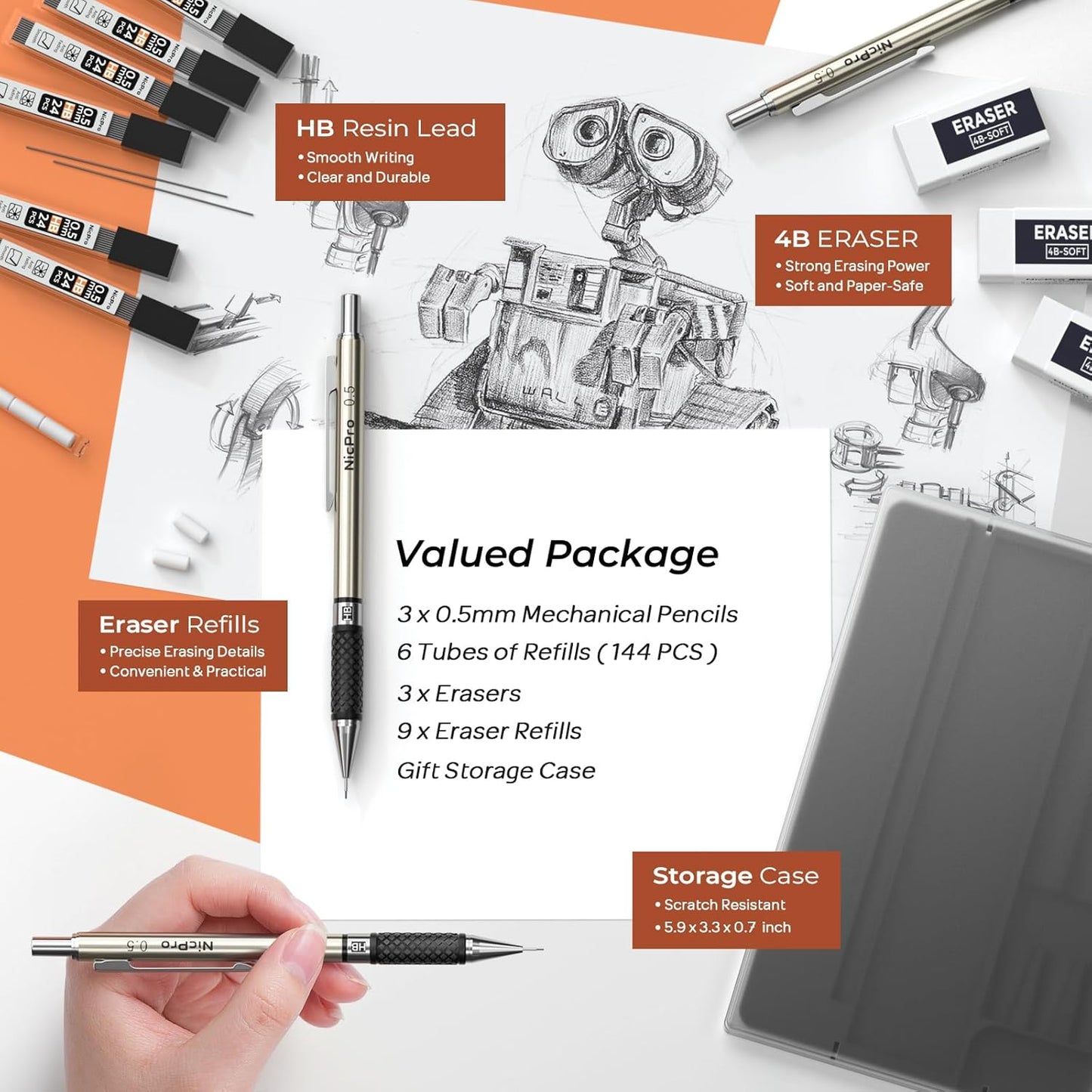 Nicpro RG1000 0.5 mm Art Mechanical Pencil Set in Storage Case, 3 PCS Metal Drafting Pencil Lead Pencil with 6 Tube HB Refills, 3 Erasers, 9 PCS Eraser Refills for Artist Writing, Drawing, Sketching