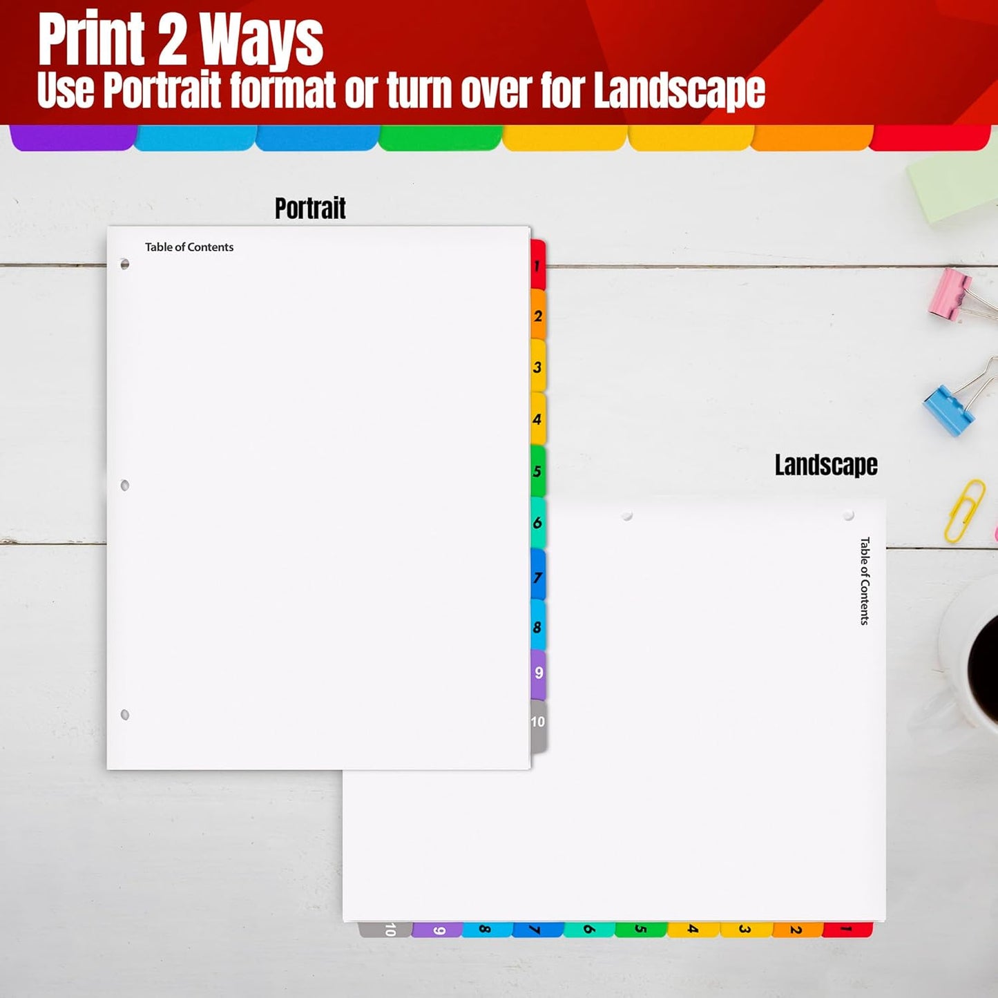 Tab Dividers for 3 Ring Binders – 6 Sets, 1–10 Numbered Index Dividers with Table of Contents – 8.5 x 11 in, 3-Hole Punched – Binder Dividers for School, Office, Filing, Organizing - 6 Pack