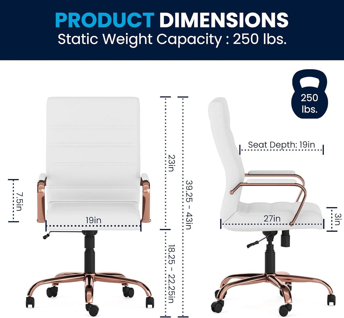 Flash Furniture Whitney High-Back Swivel LeatherSoft Desk Chair with Padded Seat and Armrests, Adjustable Height Padded LeatherSoft Office Chair, White/Rose Gold
