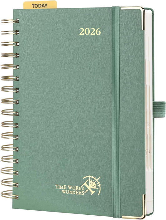 POPRUN 2026 Daily Planner One Page A Day - [8.5" x 5.75" Wire-Bound Hard Cover] Agenda 2026 Hourly Appointment Book with Monthly Calendar, Inner Pocket, Ivory Paper - Midnight Green