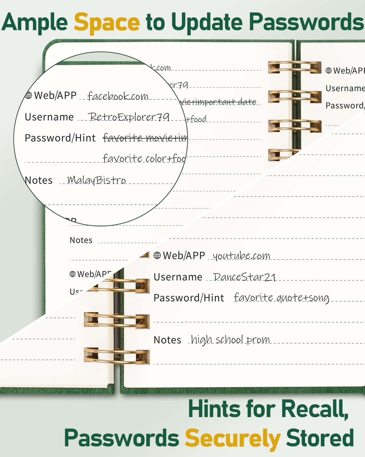 WEMATE Password Book with Alphabetical Tabs, Spiral Password Keeper Book for Seniors, Internet Password Notebook Password Journal Logbook Log in Detail, Small – 4.7''x 6'' (Grass Green)