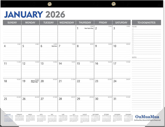 OuMuaMua Large Desk Calendar 2026-2027 - 18 Months from Jan. 2026 through Jun. 2027, 22 x 17 Inches Desktop Wall Calendar with Julian Date To-do & Notes, Corner Protectors for School Home Office
