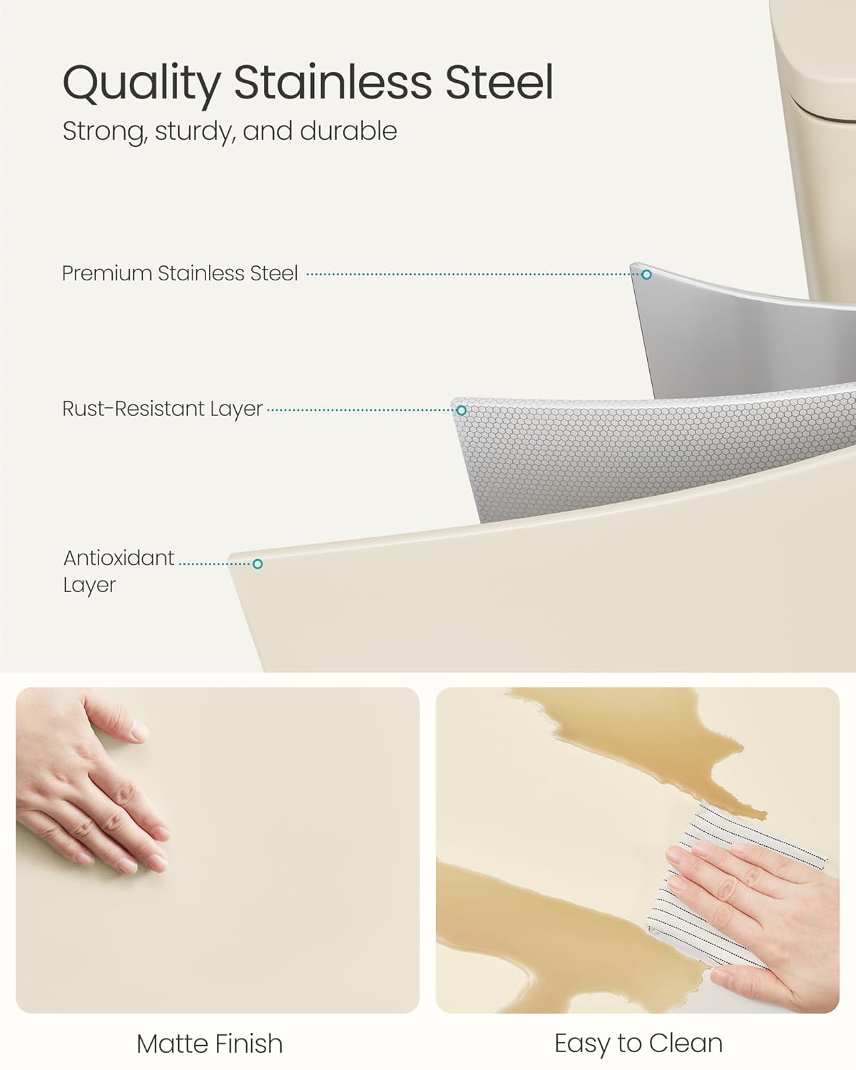 SONGMICS 13 Gallon (50 L) Trash Can, Stainless Steel Kitchen Garbage Can, Recycling or Waste Bin, Soft Close, Step-On Pedal, Removable Inner Bucket, Sand Beige ULTB050A01