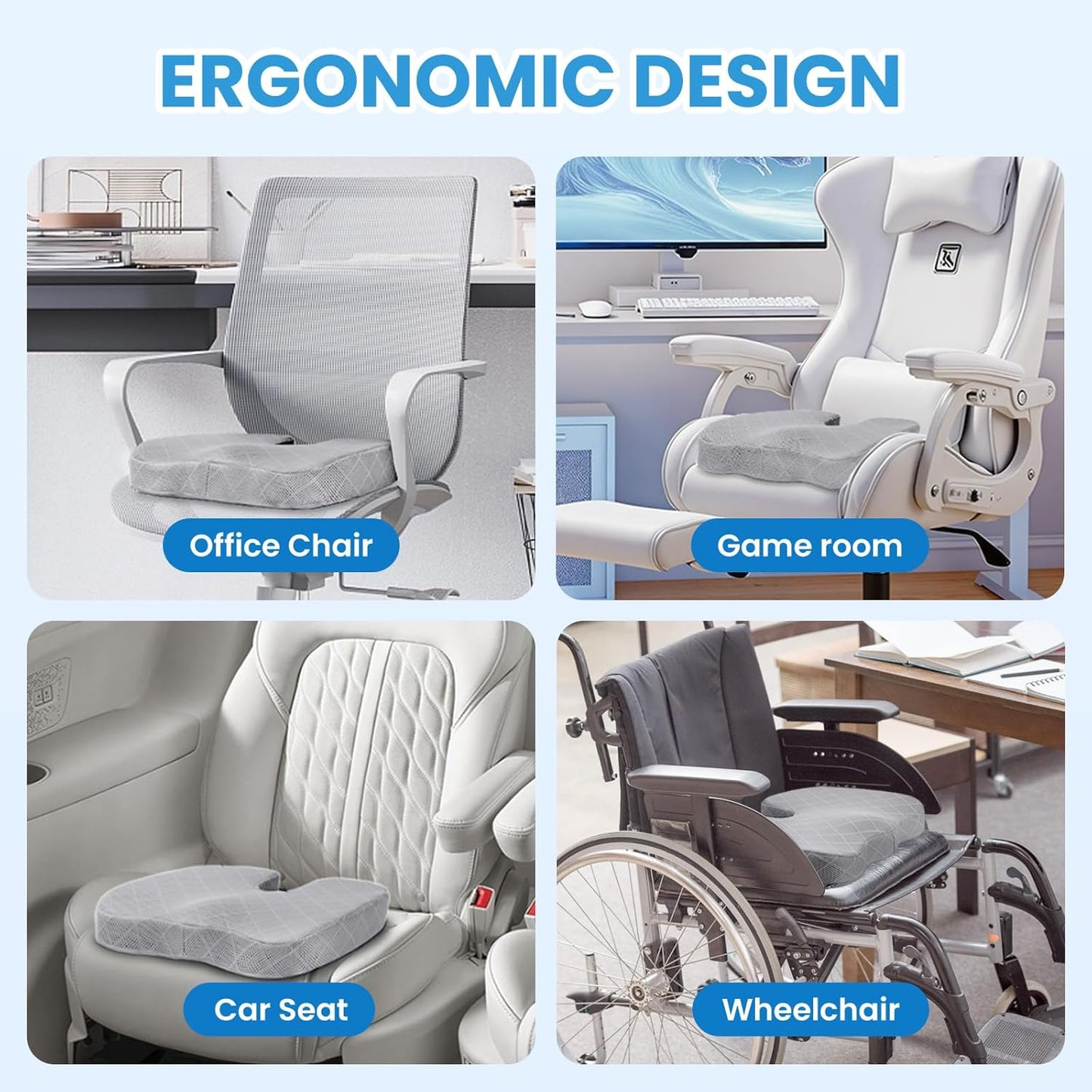 TushGuard Office/Car Seat Cushion, Non-Slip Sciatica & Back Coccyx Tailbone Pain Relief Chair Pad, Memory Foam Butt Pillow for Computer Desk, Wheelchair, Driving (Light Grey, X-Large)