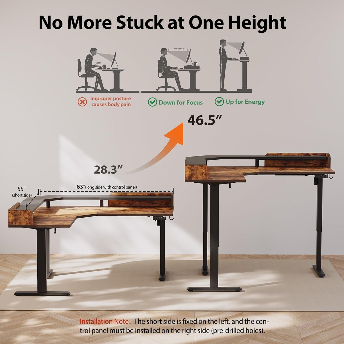 Agilestic L Shaped Standing Desk, Adjustable Height Corner Gaming Desk with Shelf, Sit Stand Up Desk, 63 x 55 Inch Home Office Computer Table, Rustic Brown