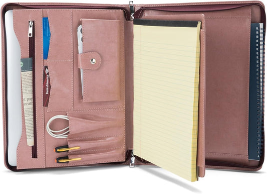 Vegan Leather Portfolio with Front Pocket for Women, 8.5 x 11 Legal Pad Notepad Holder, Zippered Business Organizer, Professional Executive Letter Notebook Folder for Work, Pink