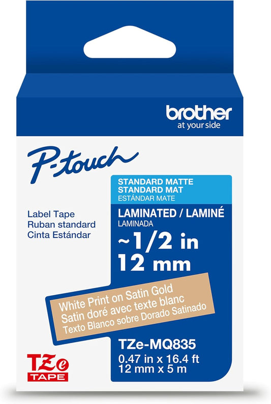 Brother Genuine P-Touch TZe White Print on Satin Gold Label Tape (TZeMQ835), Laminated,1/2in x 16.4ft (12mm x 5m), for Select P-Touch Label Makers, Durable, Water-Resistant, Indoor/Outdoor Use