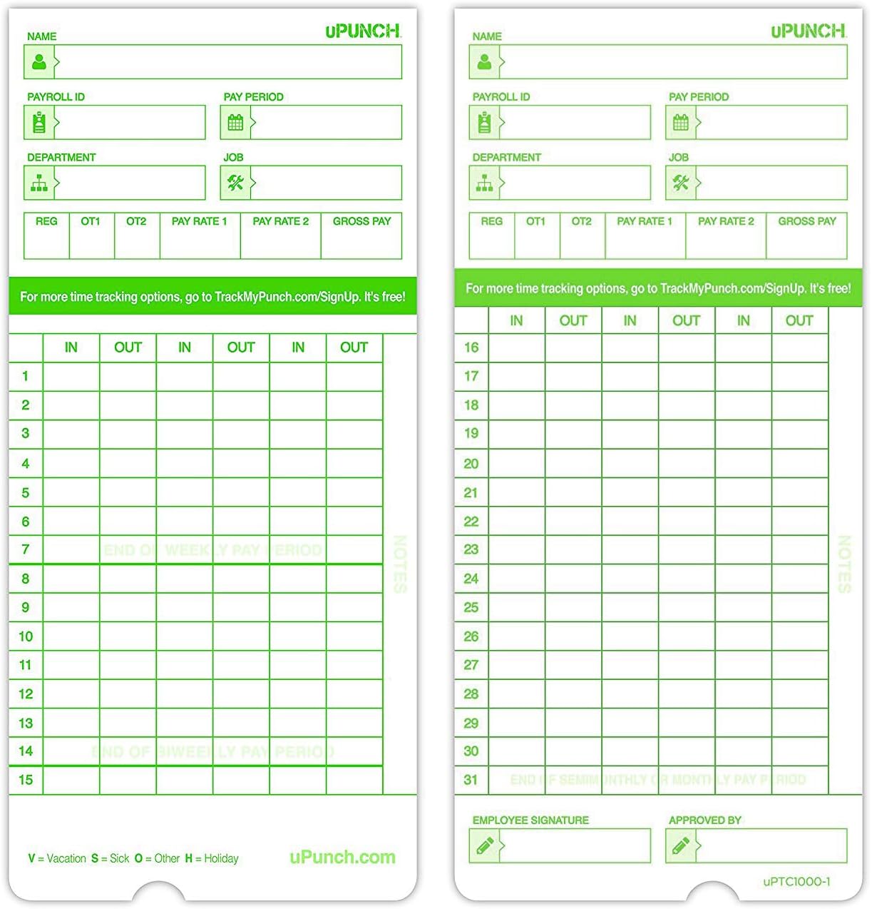 100 uPunch Time Cards for HN3000