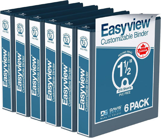 Easyview Premium 3-Ring Binders with Clear-View Covers and Round Rings, Binders for School or Office, 1.5 Inch, Pack of 6, Navy Blue