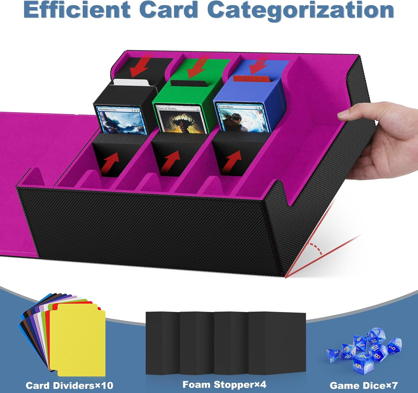 Mlikero Card Deck Case, 2400+ Trading Card Storage Box with 10 Colorful Dividers and 4 Foam Stoppers, Leather Magnetic Closure Commander Deck Box Fit for MTG, TCG (4 Rows, Black&Purple)