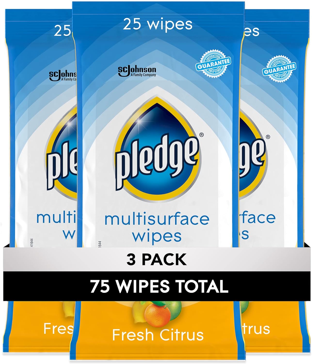 Pledge Multisurface Cleaning Wipes, pH Balanced, Fresh Citrus, 25 Count (Pack of 3, 75 Total Wipes)