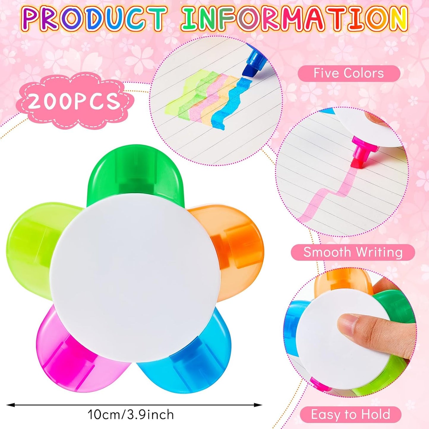 Outus 200 Pieces Petals Highlighters Assorted Colors Back to School Flower Shape Watercolor Highlighter Pens 5-in-1 Fluorescent Pens for Office School Stationery Aesthetic Supplies,5 Colors