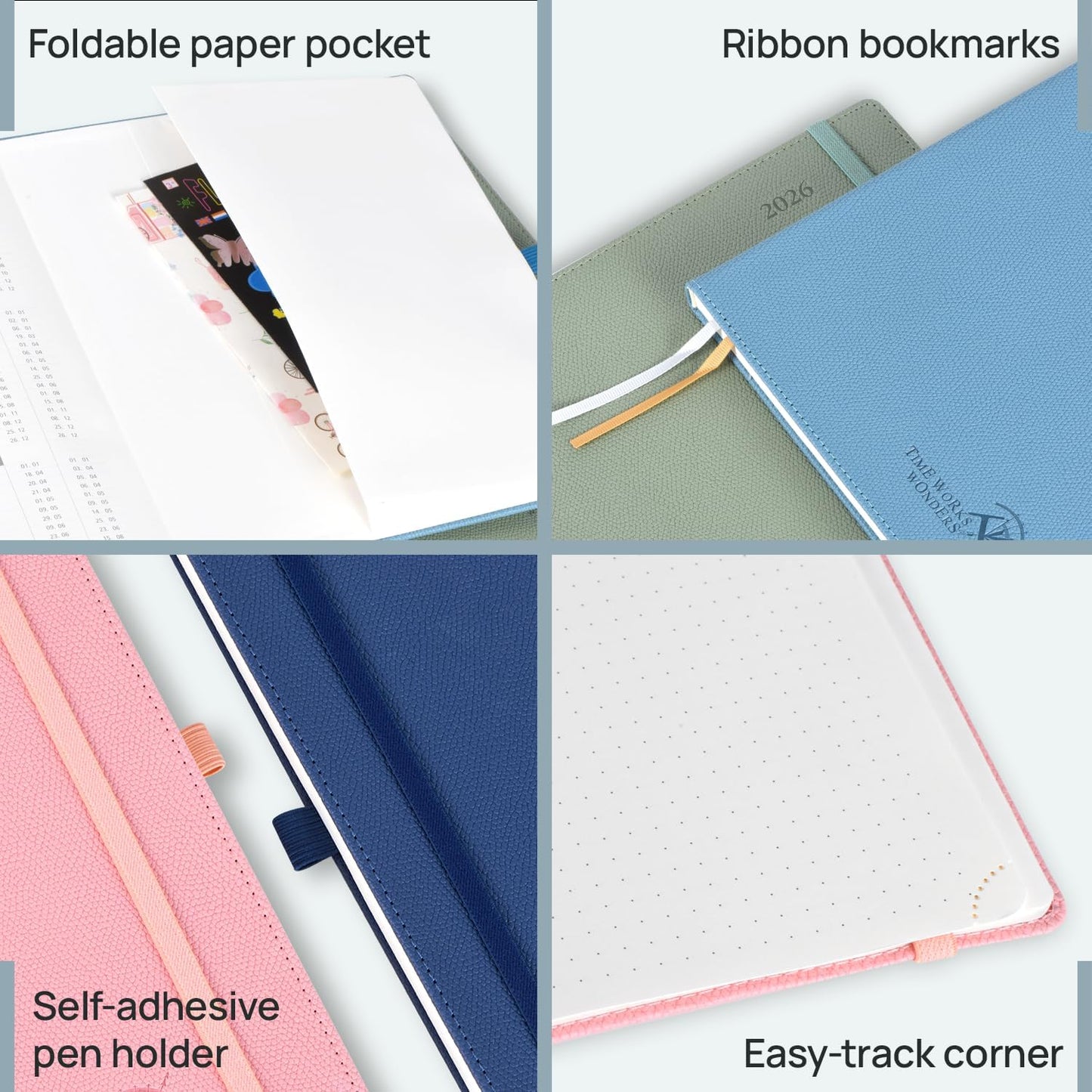 POPRUN Weekly Planner 2026 Calendar (Pocket 4'' x 6.25'') 12 Months Notebook with Horizontal Layout, Leather Hardcover, Inner Pocket, 100GSM Thick Paper, Pen Holder - Soft Pink