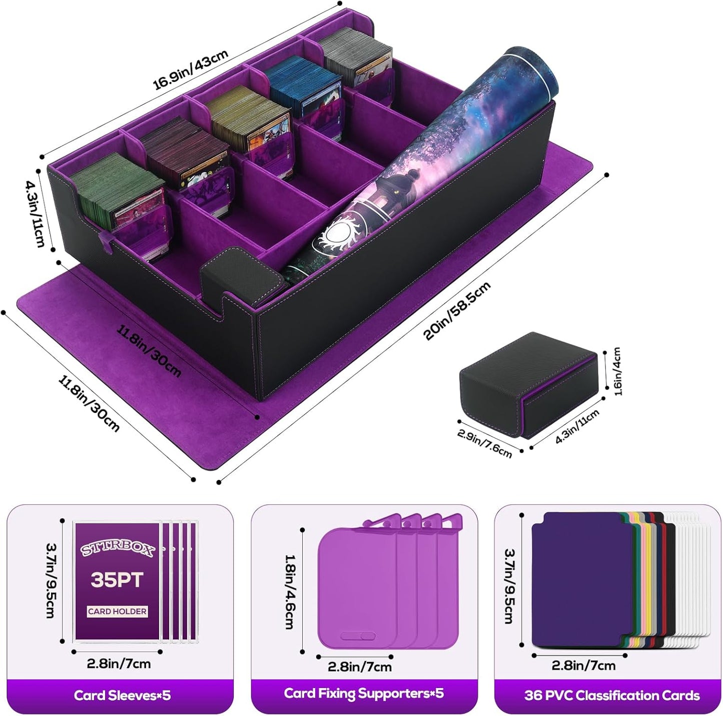 Trading Card Storage Box for MTG, card storage box with Commander Display，Multi-purpose Deck Case for MTG TCG Sports Card, 4 Toploaders, 4 Stoppers, 4 Colorful Dividers (Black& Purple, 5-Row)