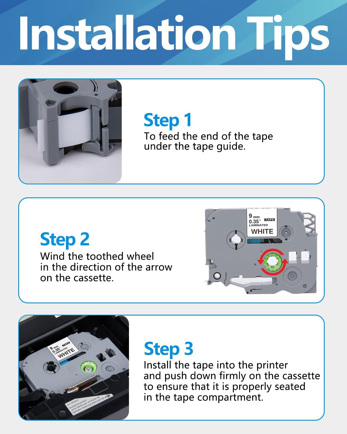 Weemay 3 Pack TZe-221 Compatible for Brother P-Touch Label Tape 9mm 0.35 Laminated White TZe TZ Tape TZ-221 TZ221 TZe221 3/8 Label for PTouch PTD210 PTD220 PTH110BP PTD410 PTD600 Printer