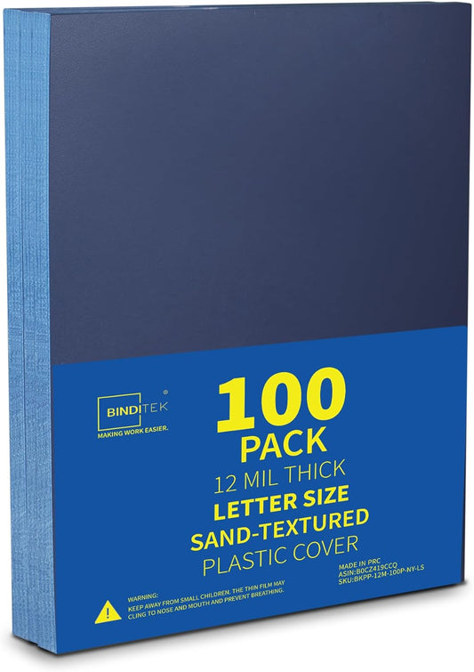 Binditek 100 Pack 12 Mil Sand-Textured Polycover, Midweight Binding Front and Back Covers, Lightly Sanded Finish, 8-1/2" x 11", Square Corners, Un-Punched, Navy, Office Supplies