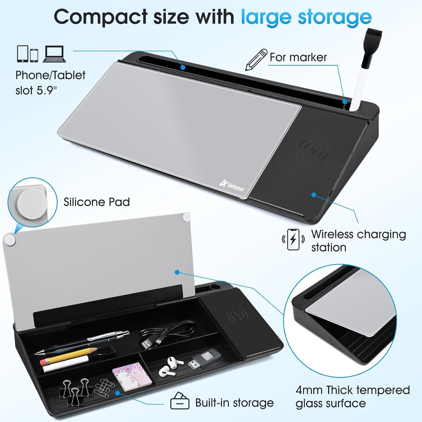 Varhomax Glass Desk Whiteboard with Wireless Charger, Desktop Organizer Dry Erase White Board with Storage, to Do List Memo Notepad for Home and Office Supplies (Black & Gray)