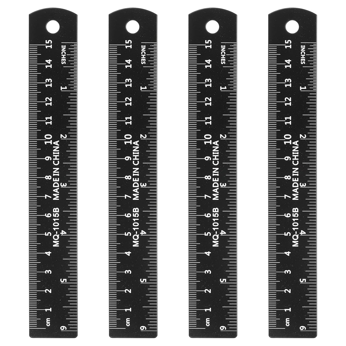 HARFINGTON 4pcs Metal Straight Ruler 15cm Metric SAE Aluminum Alloy Measuring Rulers Scale Tool with Hole for Measure Study Reading Classroom Office, Black