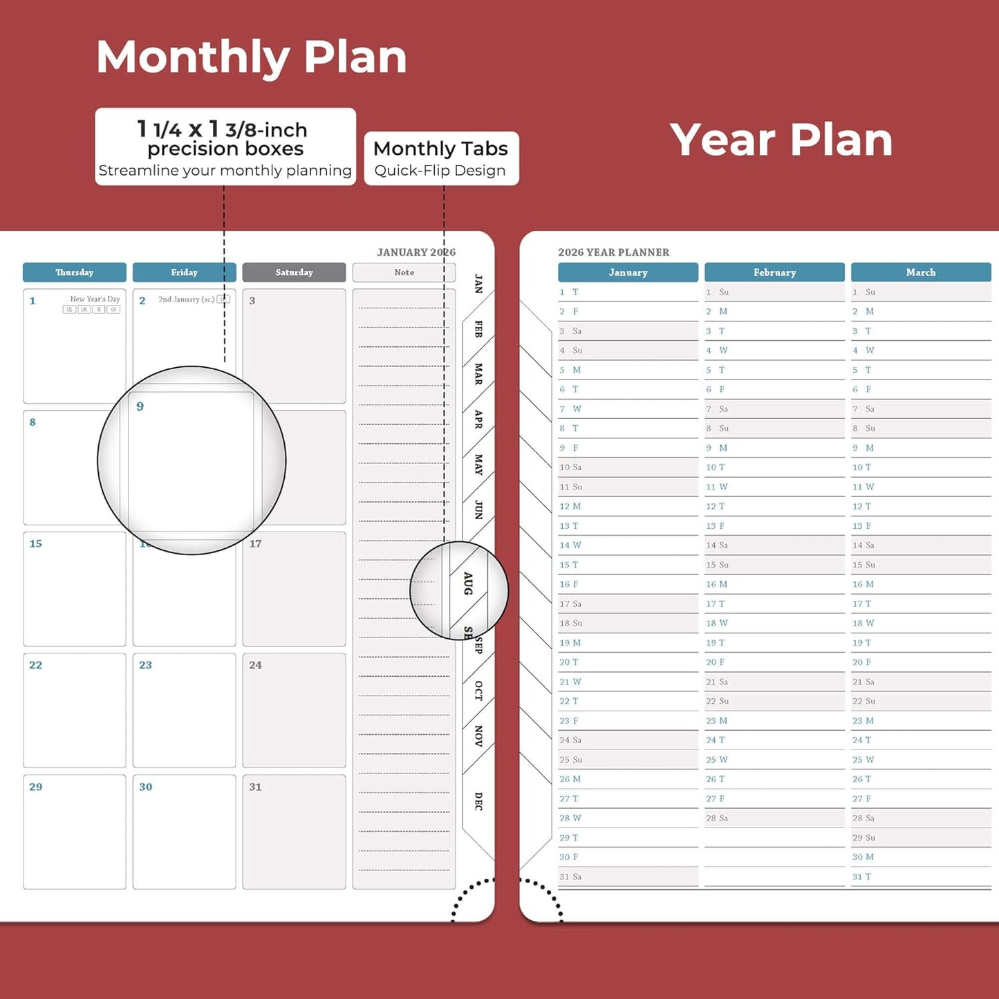 IN-LUXPRO Weekly Monthly 2026 Planner (Jan.26-Dec.26),8.5"x6.5",12 Months Agenda Plan with Month Tabs & Pocket,Expenses/Note Pages, Appointment Book Calendar with Hardcover Vegan Leather Cover,Red