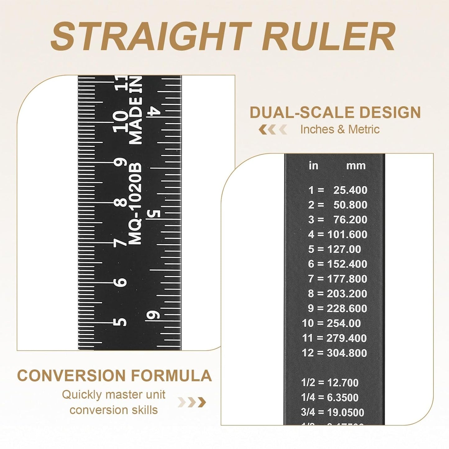 HARFINGTON 6pcs Metal Straight Ruler 20cm Metric SAE Aluminum Alloy Measuring Rulers Scale Tool with Hole for Measure Study Reading Classroom Office, Black
