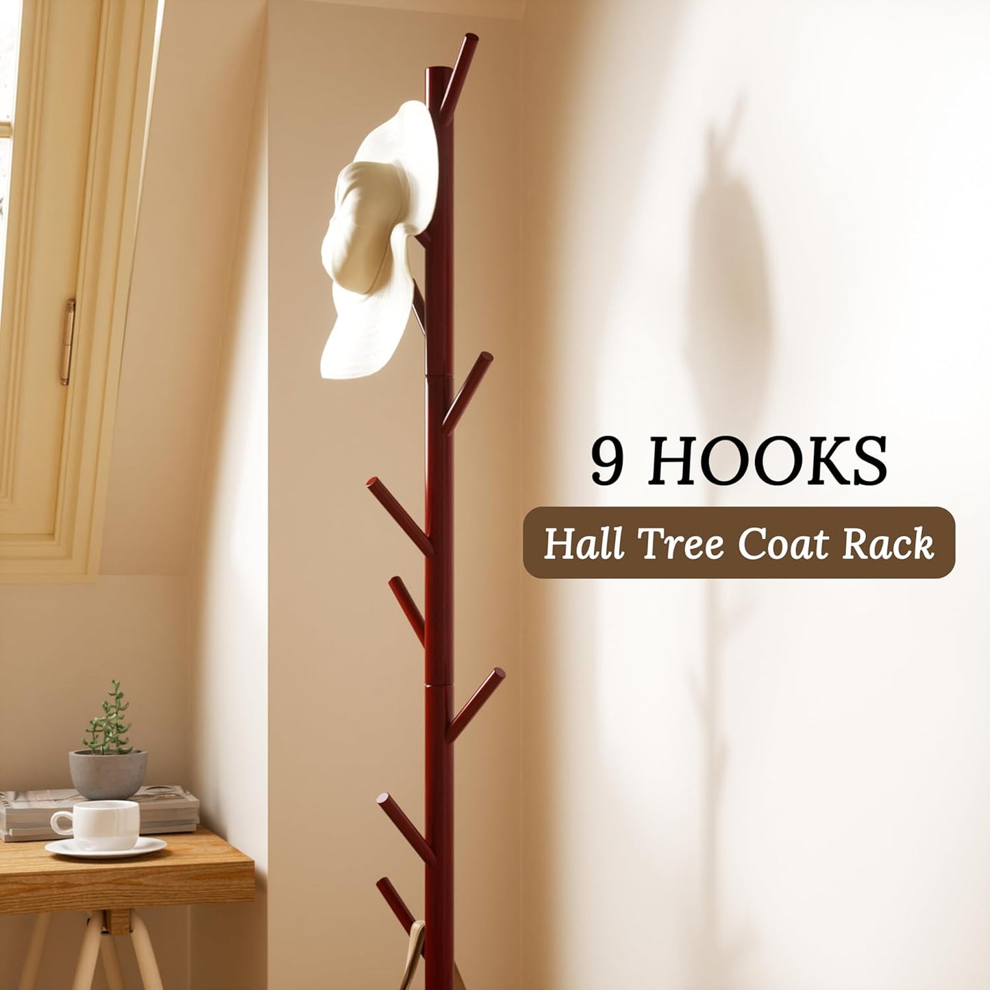 Wooden Coat Rack Freestanding Coat Tree with 4 Height Options and 9 Hooks, Sturdy Coat Rack Stand for Clothes/Bags/Hats, Easy Assemble Save Space for Entryway,Bedroom,Office,Narrow Place (Brown)