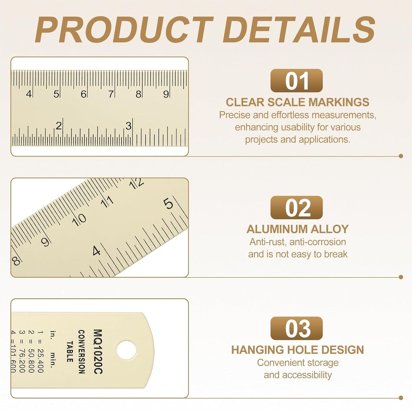 HARFINGTON 2pcs Metal Straight Ruler 20cm Metric SAE Aluminum Alloy Measuring Rulers Scale Tool with Hole for Measure Study Reading Classroom Office, White