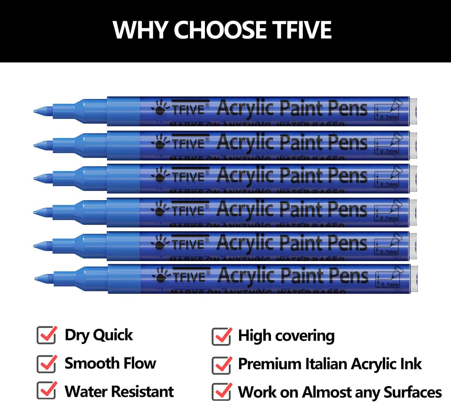 Blue Marker Paint Pens - 6 Pack Acrylic Blue Permanent Marker, 0.7mm Extra Fine Tip Paint Pen for Art projects, Drawing, Rock Painting, Stone, Ceramic, Glass, Wood, Plastic, Metal, Canvas DIY Crafts