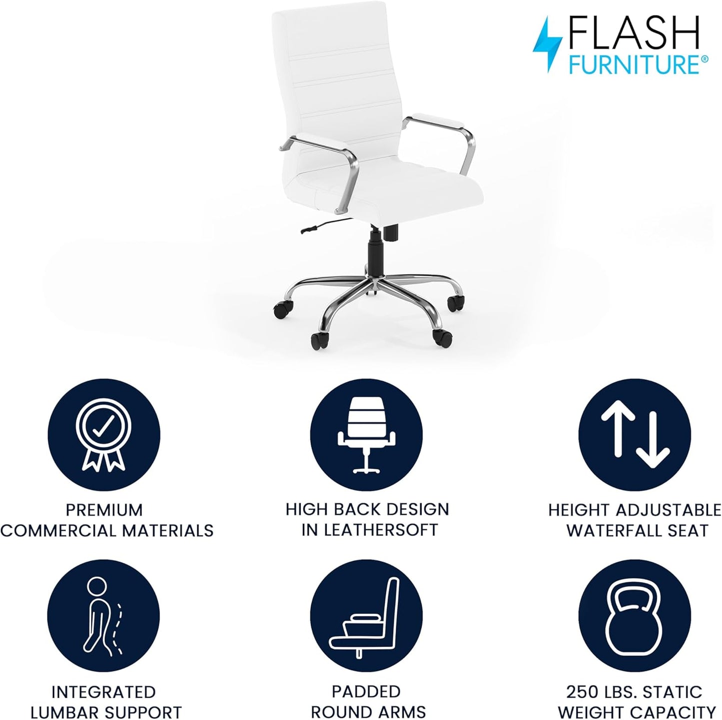 Flash Furniture Whitney High-Back Swivel LeatherSoft Desk Chair with Padded Seat and Armrests, Adjustable Height Padded Office Chair, White/Chrome