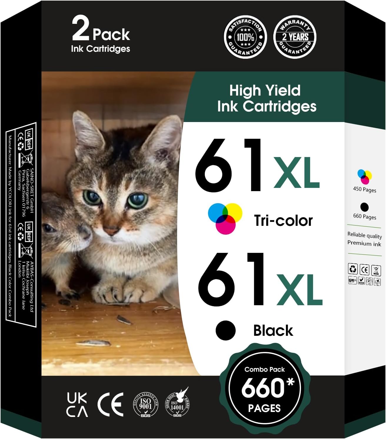 61XL 61 XL Ink Cartridges High Yield Replacement for HP Ink 61 61 XL 61XL for Envy 4500 4501 4502 5530 Deskjet 1000 1010 1050 1510 2510 2540 3000 Officejet 2620 4630 Printer (1 Black,1 Color)