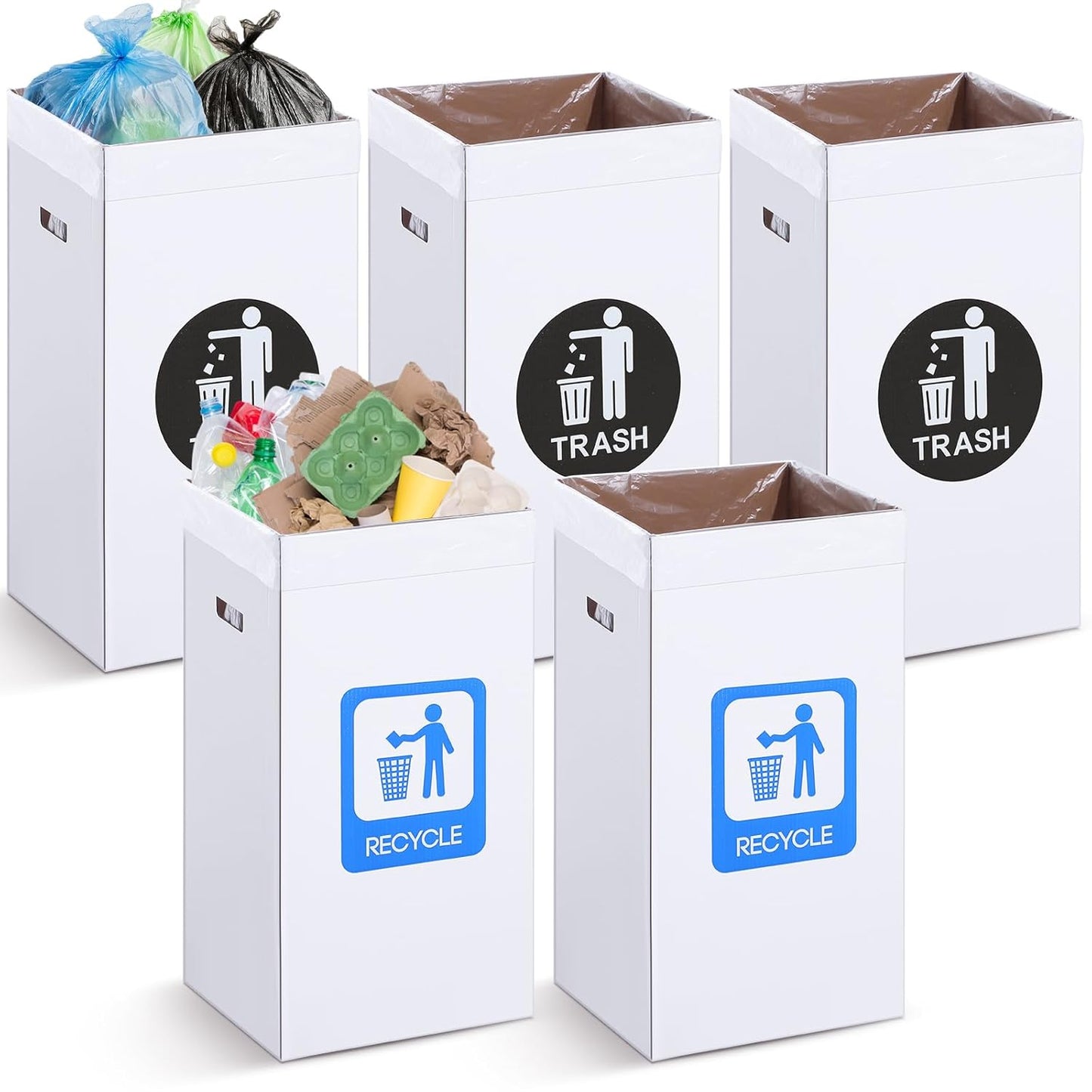 Tioncy 5 Pcs 40 Gallon Corrugated Cardboard Trash Cans Recycling Bins with Trash and Recycle Letters White Disposable Garbage Container Reuseable Garbage Boxes for Party Camping Outdoor Events