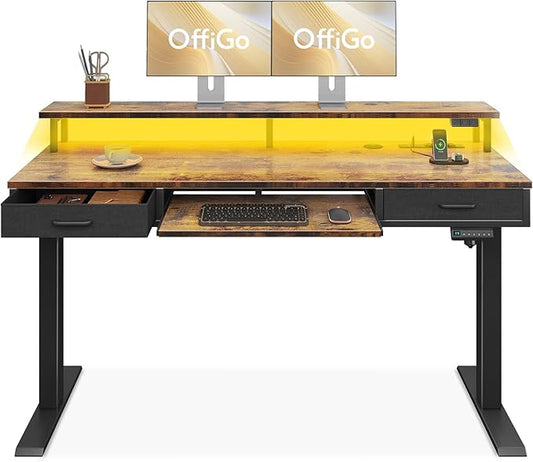 OffiGo Electric Standing Desk with Drawers & Keyboard Tray, 63 Inch Height Adjustable Desk with Power Outlets & LED Lights, Sit Stand Table with Monitor Stand for Home, Office, Rustic Brown