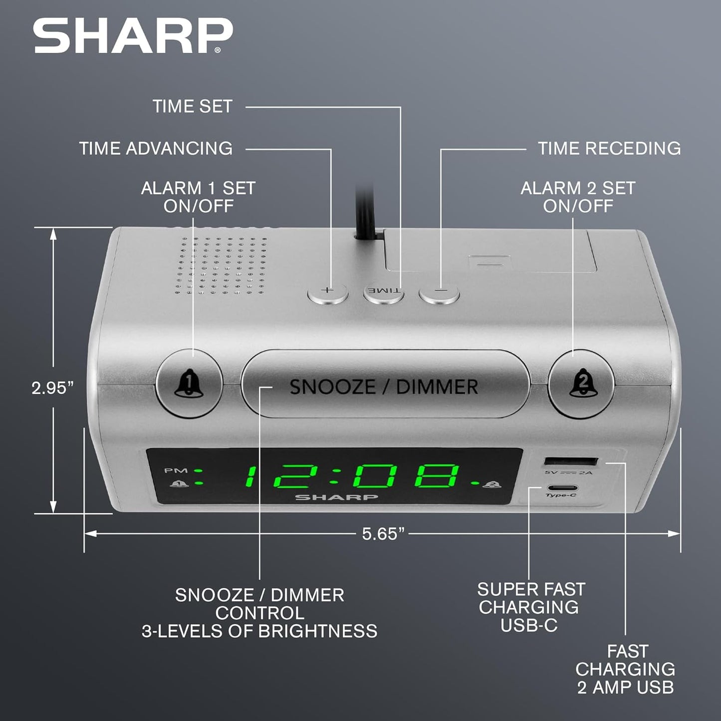 Sharp Alarm Clock for Bedrooms, Super Fast USB-C Charging and Fast 2 Amp USB Charging, 2 Alarms, 3-Step Dimmer, Snooze, Easy to Set Controls, Silver with Green LED Display