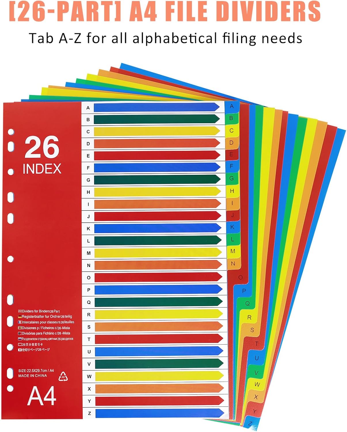 A-Z Tab Dividers, Alphabet Dividers for 2/3/4 Ring Binder, Customizable Table of Contents, Plastic Binder Dividers with Multicolor A-Z Tabs, 5 Sets