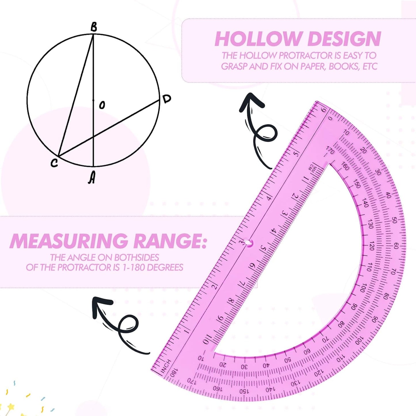 Zonon 2 Pack 12'' Plastic Ruler and 6'' Plastic Protractor Set Clear Ruler Protractor Set Math Geometry Supplies for School Classroom Home Office Drawing(Pink)