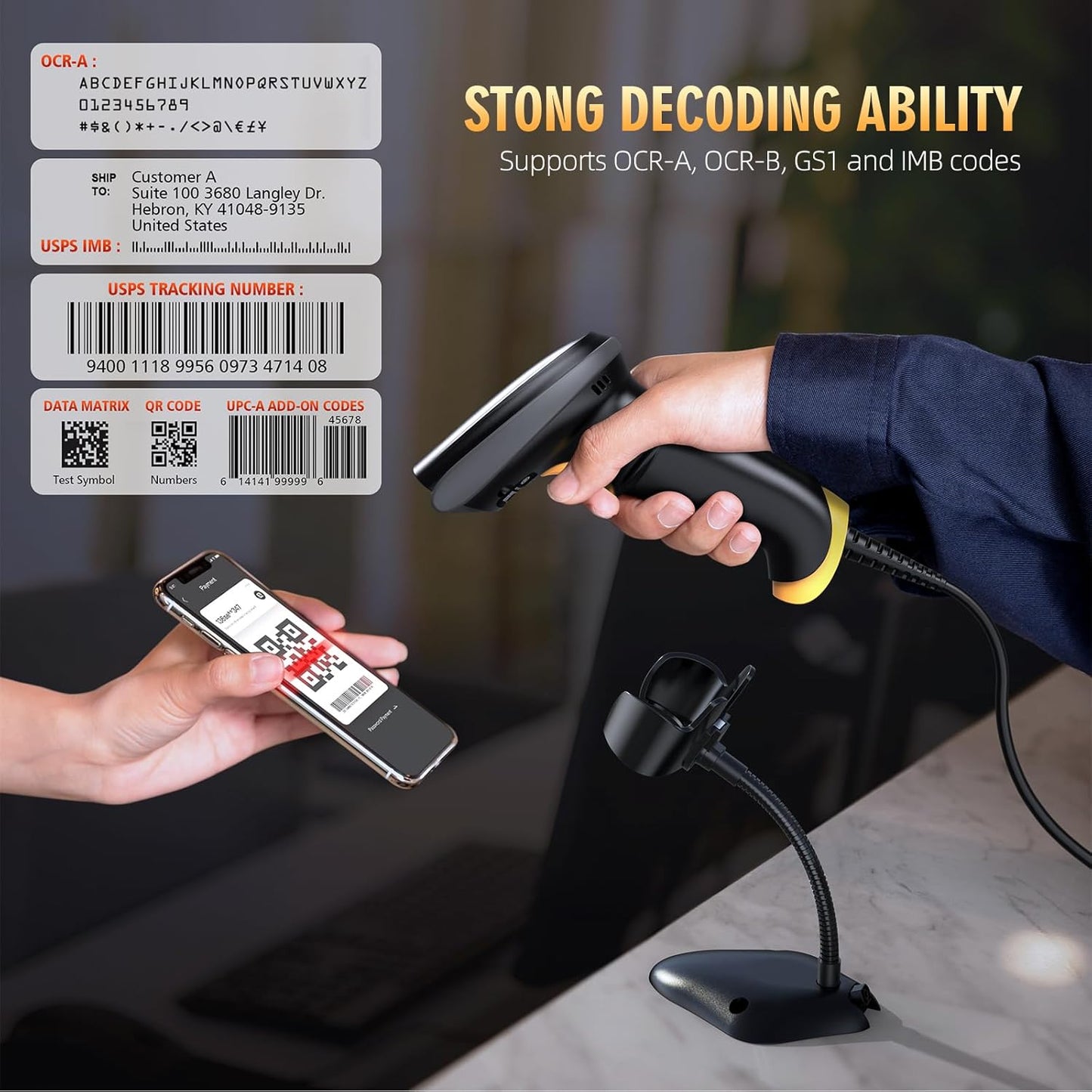 TEEMI 2D Barcode Scanner with Smart Stand USB Wired Handheld Automatic QR Data Matrix PDF417 OCR bar Codes Imager Global Shutter Computer Screen Scan for Windows Mac and Linux PC POS, Stand Included